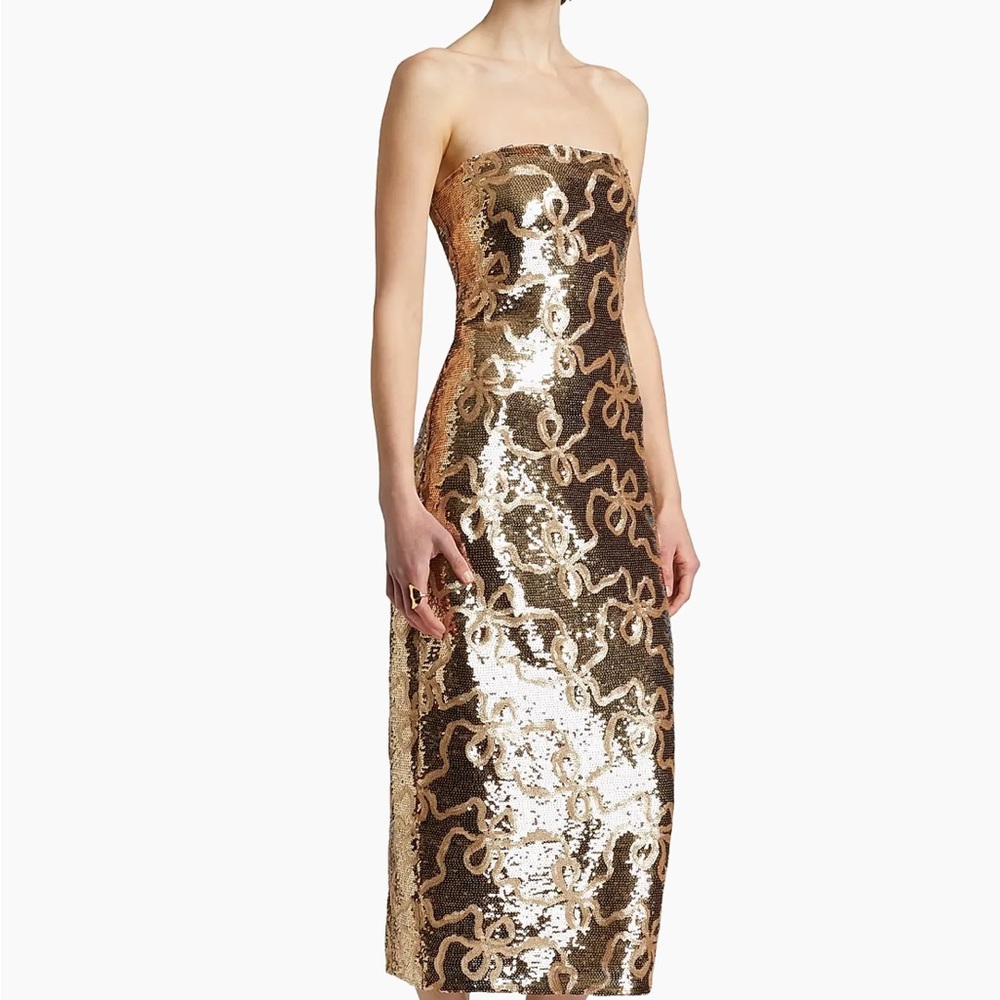 LoveShackFancy Stasia Sequin Bow Midi-Dress gold